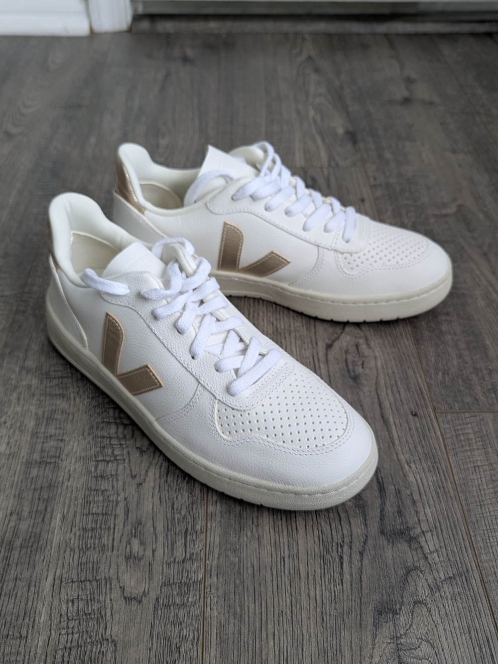 Veja V-10 Leather Sneakers in White with Gold/Beige Accents - Picture 2 of 6